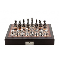 Dal Rossi Italy Brown PU Leather Bevelled Edge chess box with compartments 18" with Diamond-Cut Titanium & Silver Finish Chessmen
