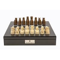 Dal Rossi Italy Carbon Fibre Shiny Finish chess box with compartments 16" with Medieval Resin Chessmen