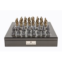 Dal Rossi Italy Carbon Fibre Shiny Finish chess box with compartments 16" with Dragon Pewter Chessmen