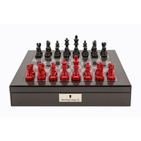 Dal Rossi Italy Carbon Fibre Shiny Finish chess box with compartments 16in with French Lardy Black/ Red 85mm Chessmen