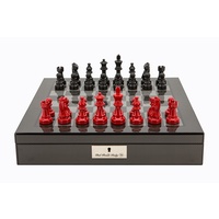 Dal Rossi Italy Carbon Fibre Shiny Finish chess box with compartments 16"� With French Lardy Black/Red 85mm Chessmen