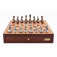 Dal Rossi Italy Red Mahogany Finish chess box with compartments 18" with Staunton Metal/Marble Finish Chessmen (l2226DR & L2288MDRBOXONLY)