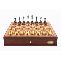 Dal Rossi Italy Red Mahogany Finish chess box with compartments 18" with Staunton Brass Titanium Cap Chessmen (L3052DR & L2288MDRBOXONLY)