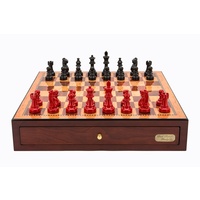 Dal Rossi Italy Red Mahogany Finish chess box with compartments 18" with French Lardy Black/Red 85mm Chessmen (L3070DR & L2288MDRBOXONLY)