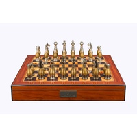 Dal Rossi Italy, Metal light gold plated Chessmen 100mmon a 20" Walnut Finish Board with Compartments