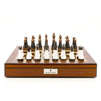 Dal Rossi Italy Chess Set Walnut Finish 20" With Compartments, With Black and White with Copper and Gun Metal Gray Tops and Bottoms Chess Pieces 110mm
