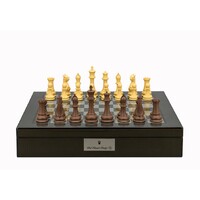 Dal Rossi Italy Chess Set Carbon Fibre Shiny Finish 16" With Compartments, With Queens Gambit Chessmen 90mm