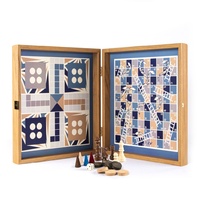Manopoulos Chess/ Backgammon/ Ludo/ Snakes - Navy Blue - Walnut Replica Wooden Case