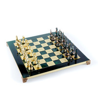 Manopoulos Greek Mythology Metal Chess Set with Green & Gold Chessmen & 36cm Chessboard in Brown Meander