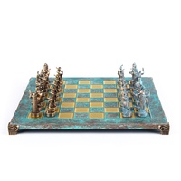 Manopoulos Greek Mythology Metal Chess Set With Green & Gold Chessmen & 36cm Chessboard In Blue