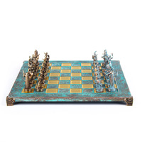 Manopoulos Greek Mythology Metal Chess Set with Bronze & Blue Chessmen & 36cm Chessboard in Blue