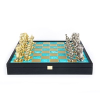 Manopoulos Greek Roman Period Metal Chess Set With Gold & Silver Chessmen/ Blue Chessboard 41cm On Wooden Box