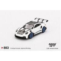 Mini GT 1/64 Porsche 911 (992) GT3 RS Weissach Package White With Indigo Blue Diecast Model Car