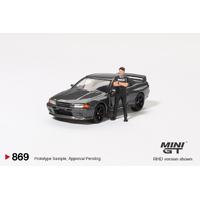 Mini GT 1/64 Nissan Skyline GT-R (R32) Nismo Gunmetal Tsugio Matsuda Collection w/ Matsuda Figure Diecast Model Car