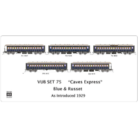 SDS Model HO NSWGR End Platform Car SET 75 "Caves Express" Blue & Russet 5 Carriage Pack