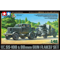 Tamiya 1/48 German Heavy Tractor SS100 & 88mm Gun Flak Set Plastic Kit 37027